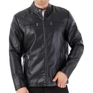 Men's Black1 Faux Leather Stand Collar Classic Zipper Slim Fit Biker Jacket